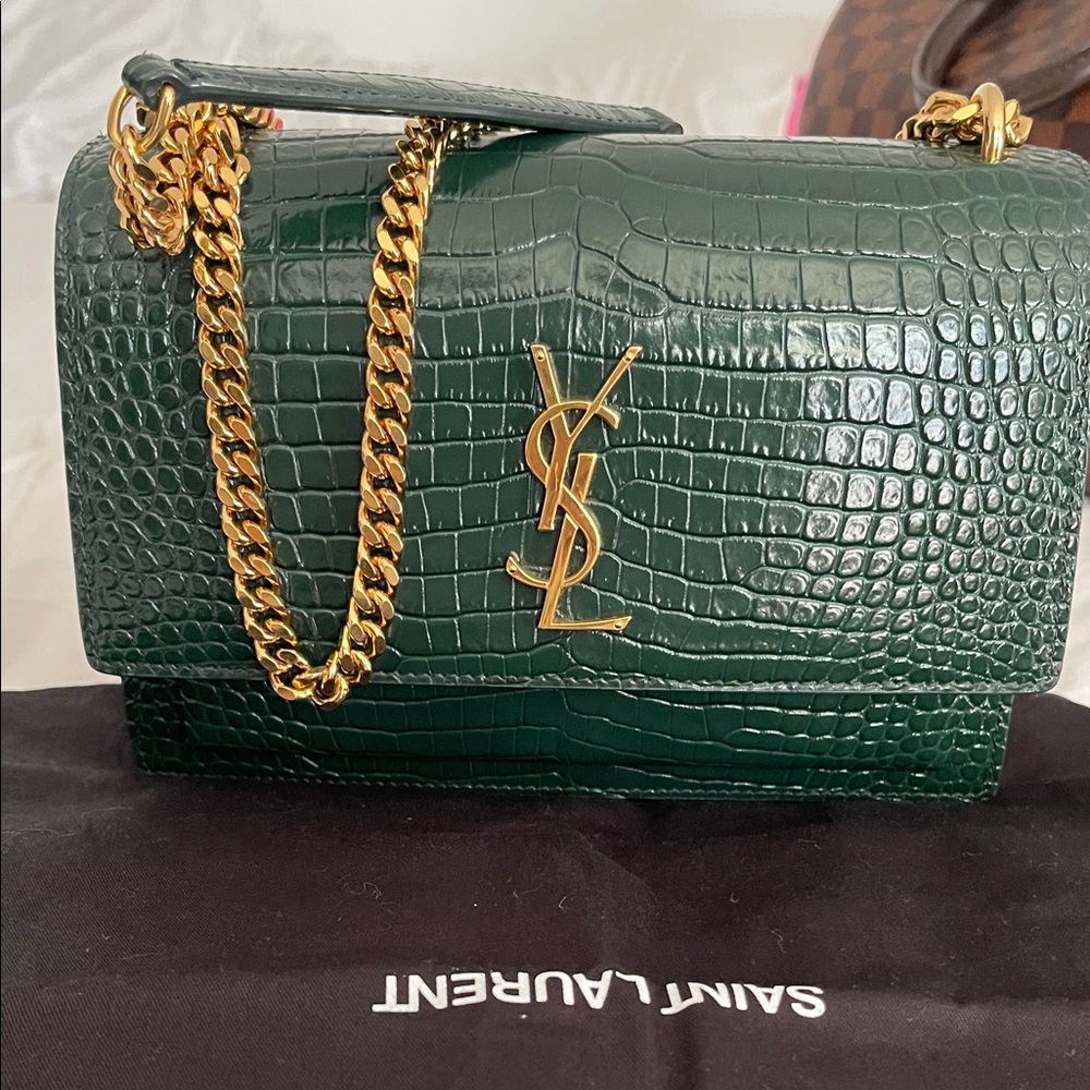 Saint Laurent Dark Green Croc-Embossed Shoulder Bag